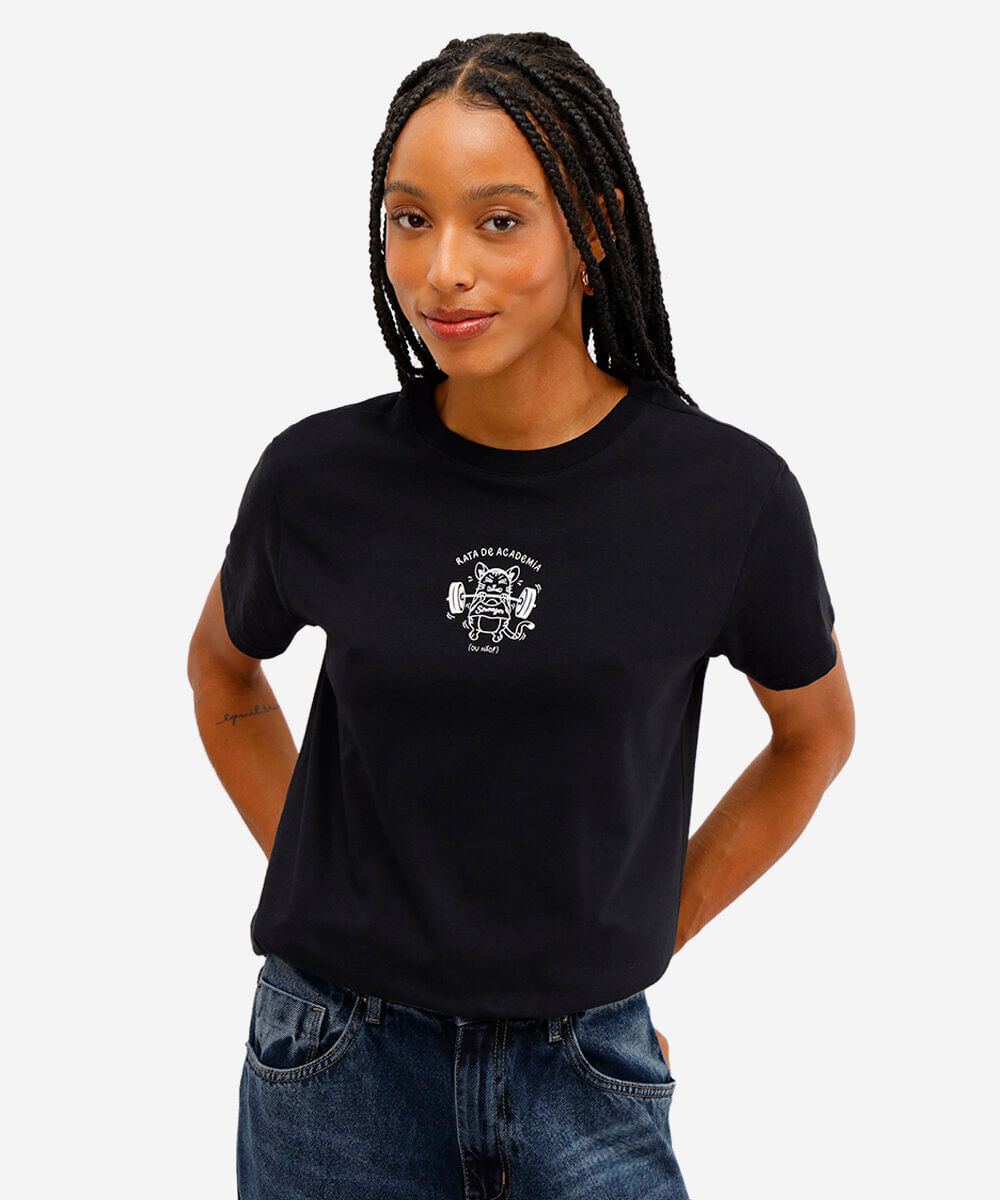 camiseta feminina de algodão rata de academia preta