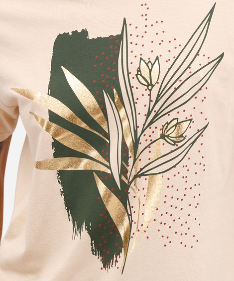 camiseta feminina de algodão folhagem metalizada bege