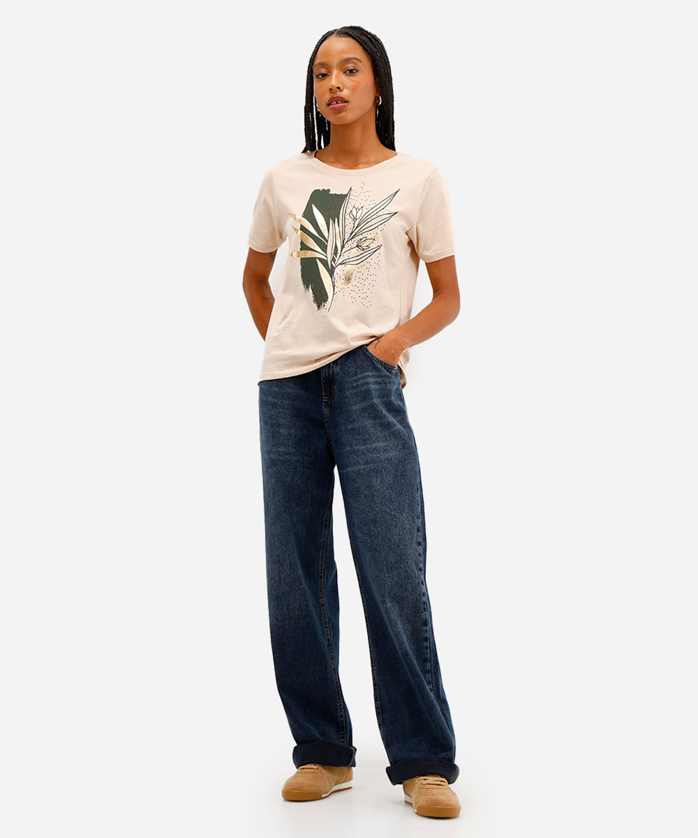 camiseta feminina de algodão folhagem metalizada bege