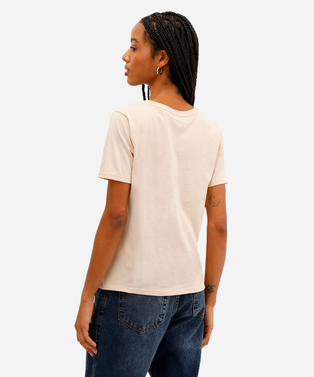 camiseta feminina de algodão folhagem metalizada bege