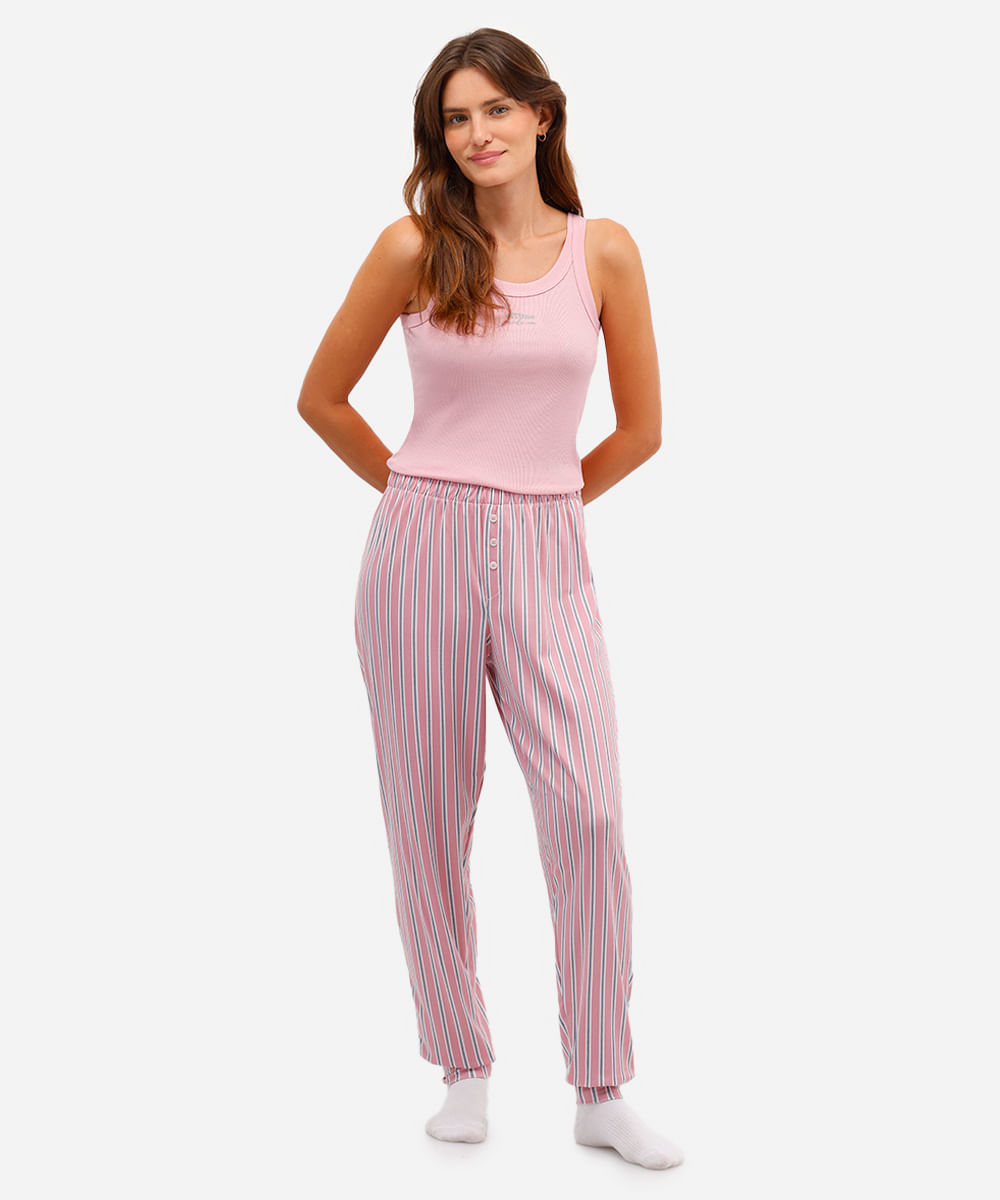 calça de pijama avulsa feminina listrada rosa
