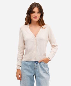 cardigan feminino de tricot cropped manga longa bege