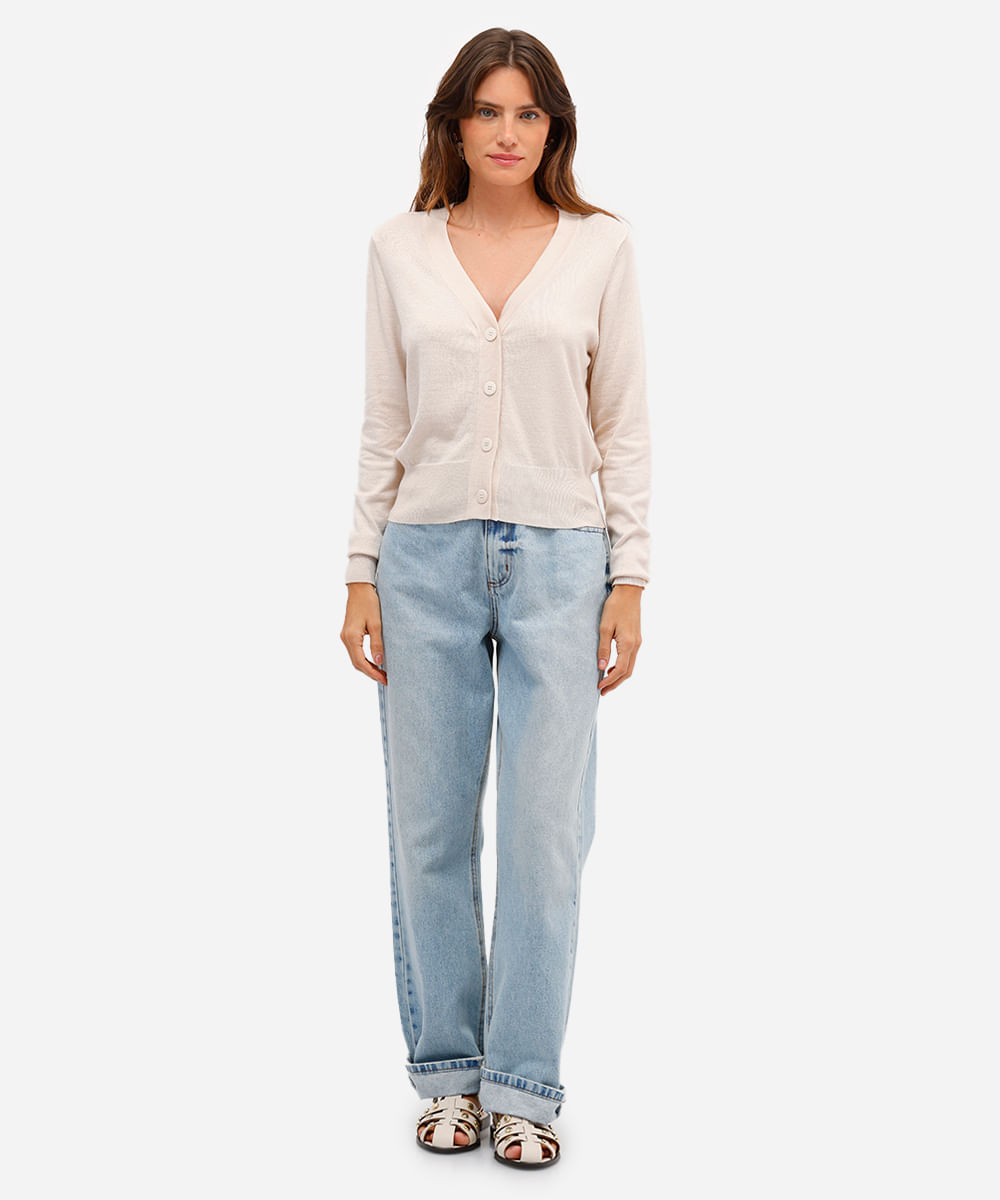 cardigan feminino de tricot cropped manga longa bege