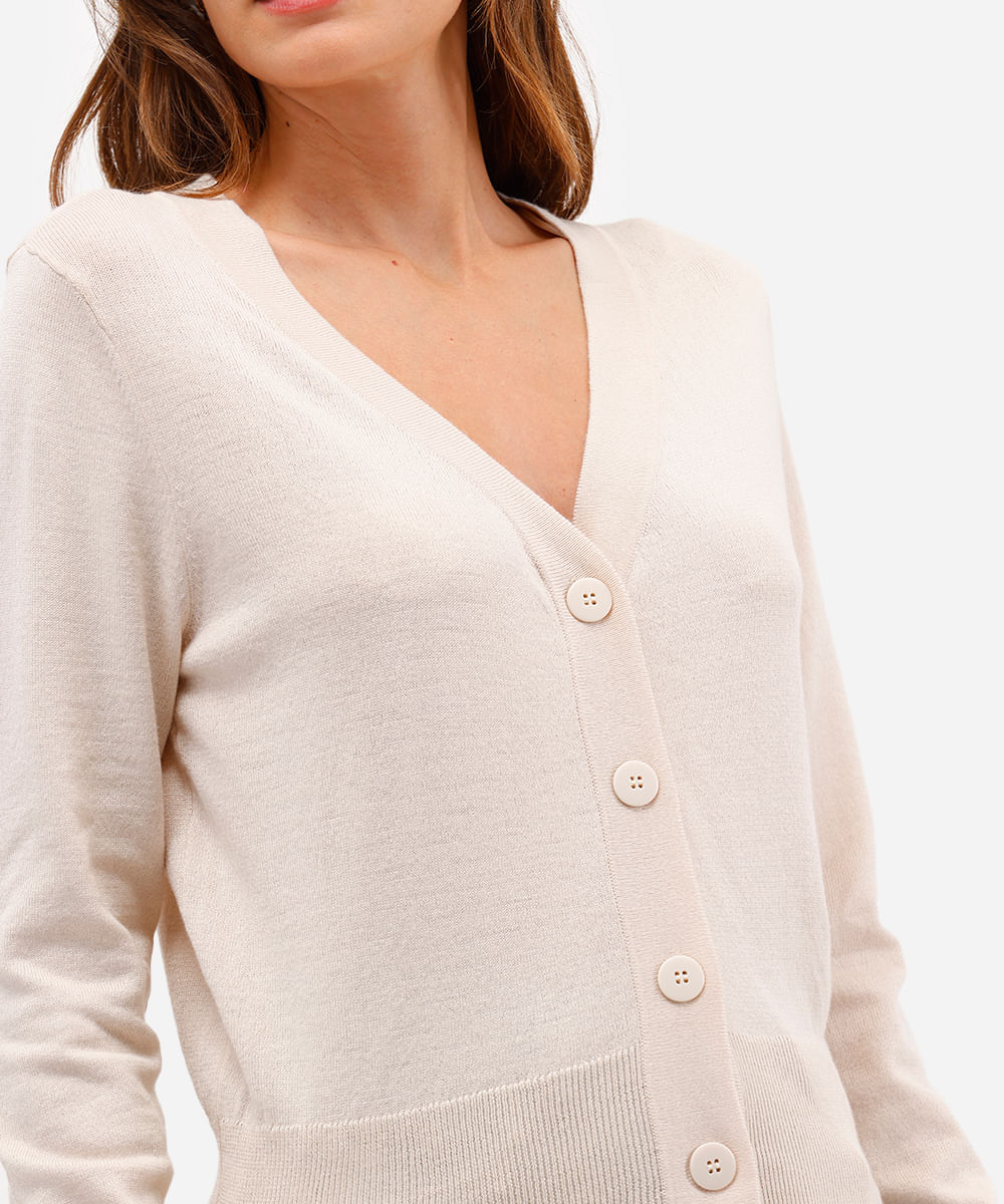 cardigan feminino de tricot cropped manga longa bege