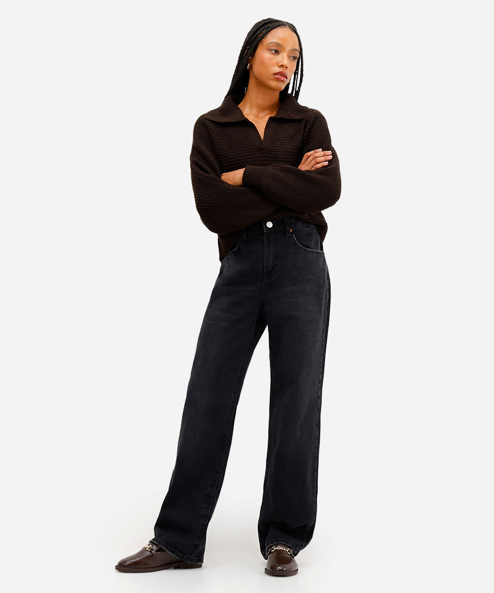 calça wide leg feminina jeans cintura alta preta