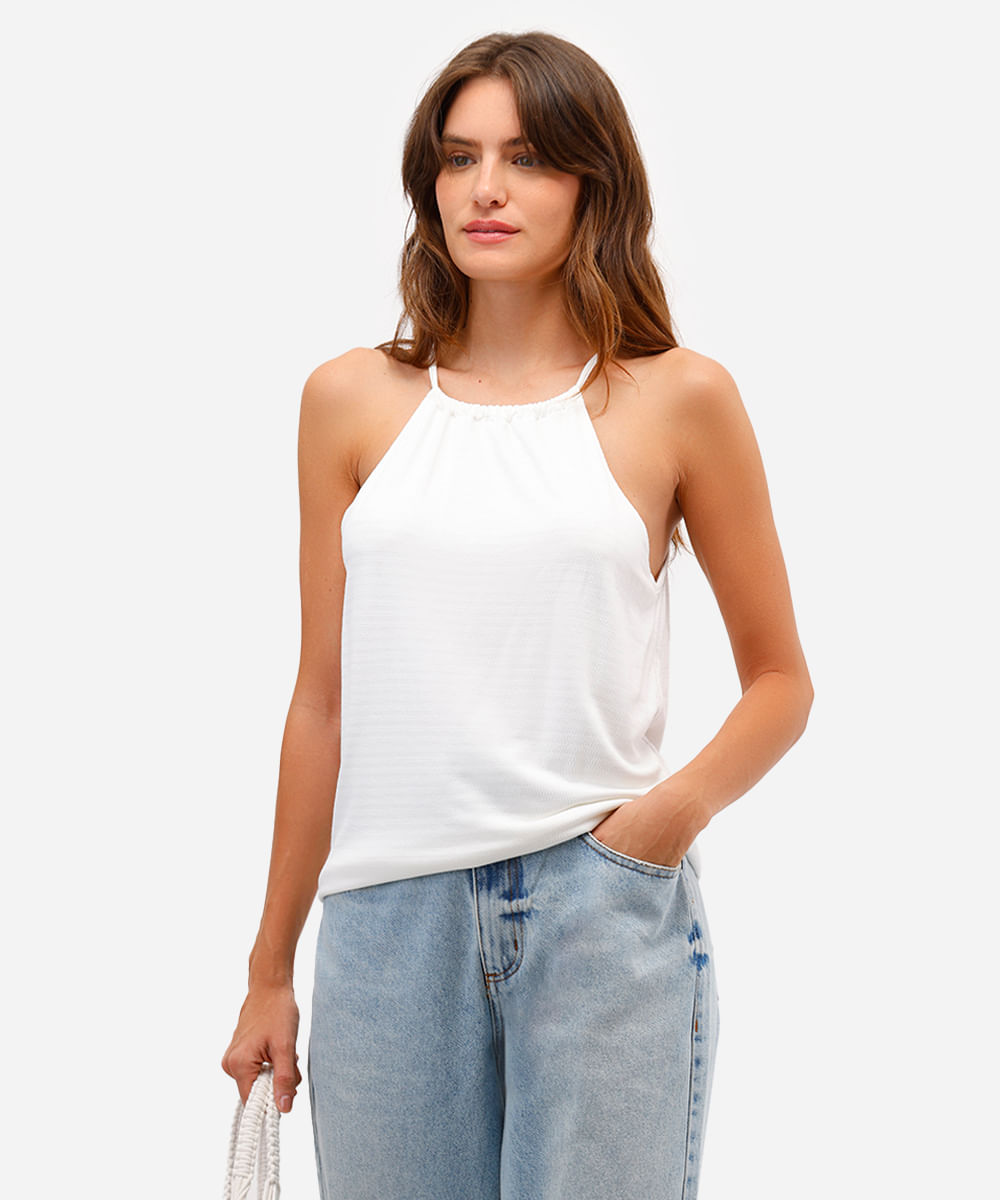 blusa halterneck feminina de viscose texturizada off white