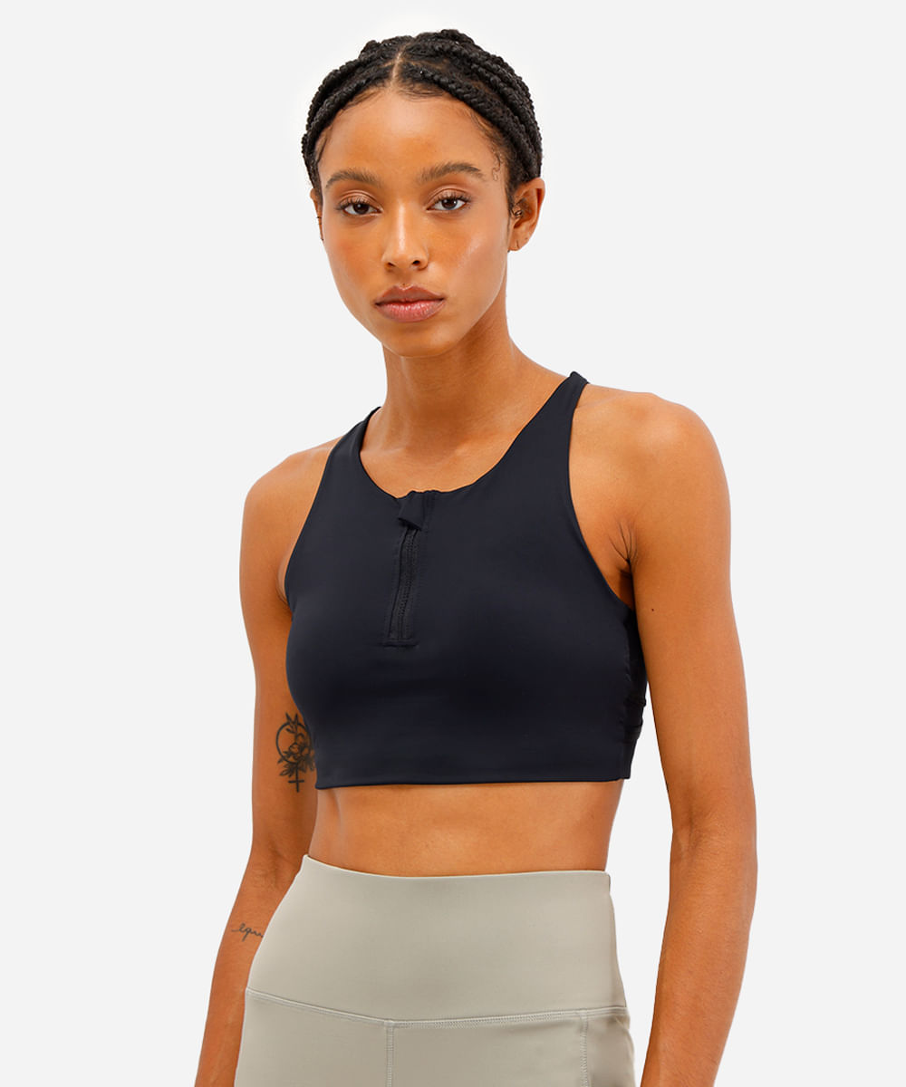 top feminino esportivo com zíper preto