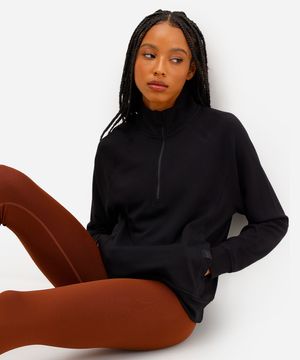 blusão feminino esportivo ace com zíper bolso canguru preto