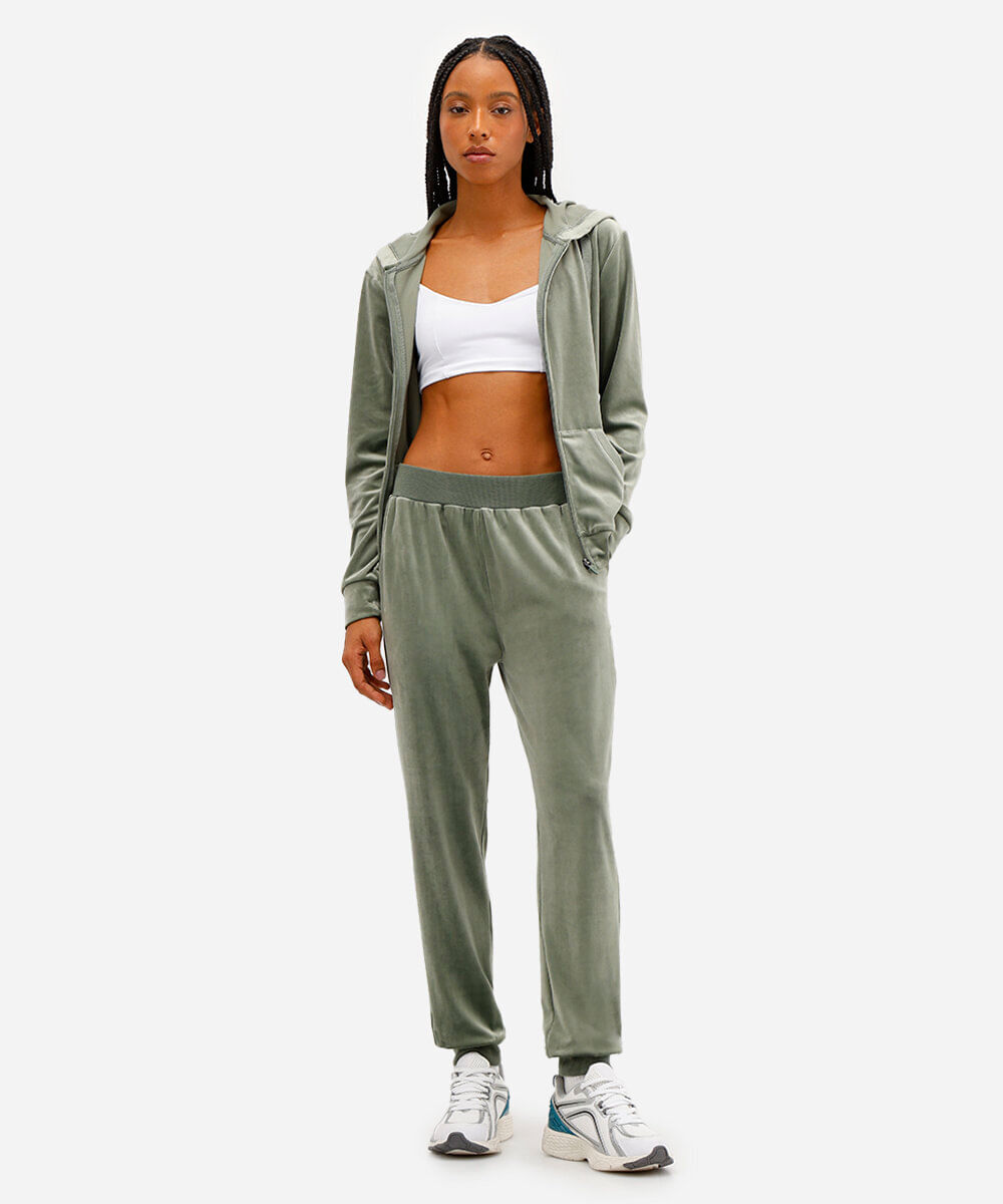 calça reta de plush cintura alta esportiva - verde