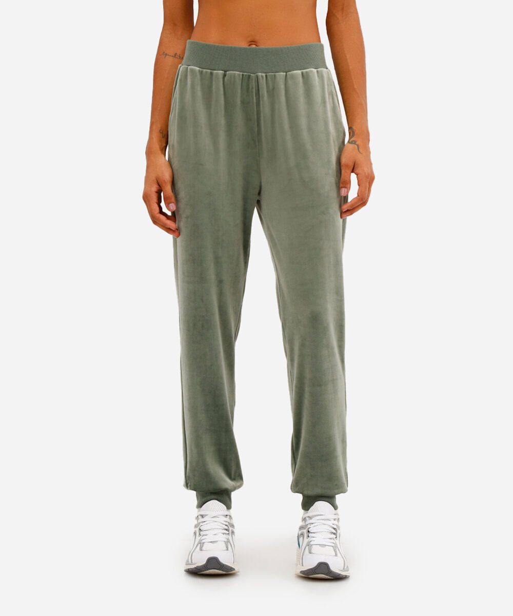 calça reta de plush cintura alta esportiva - verde