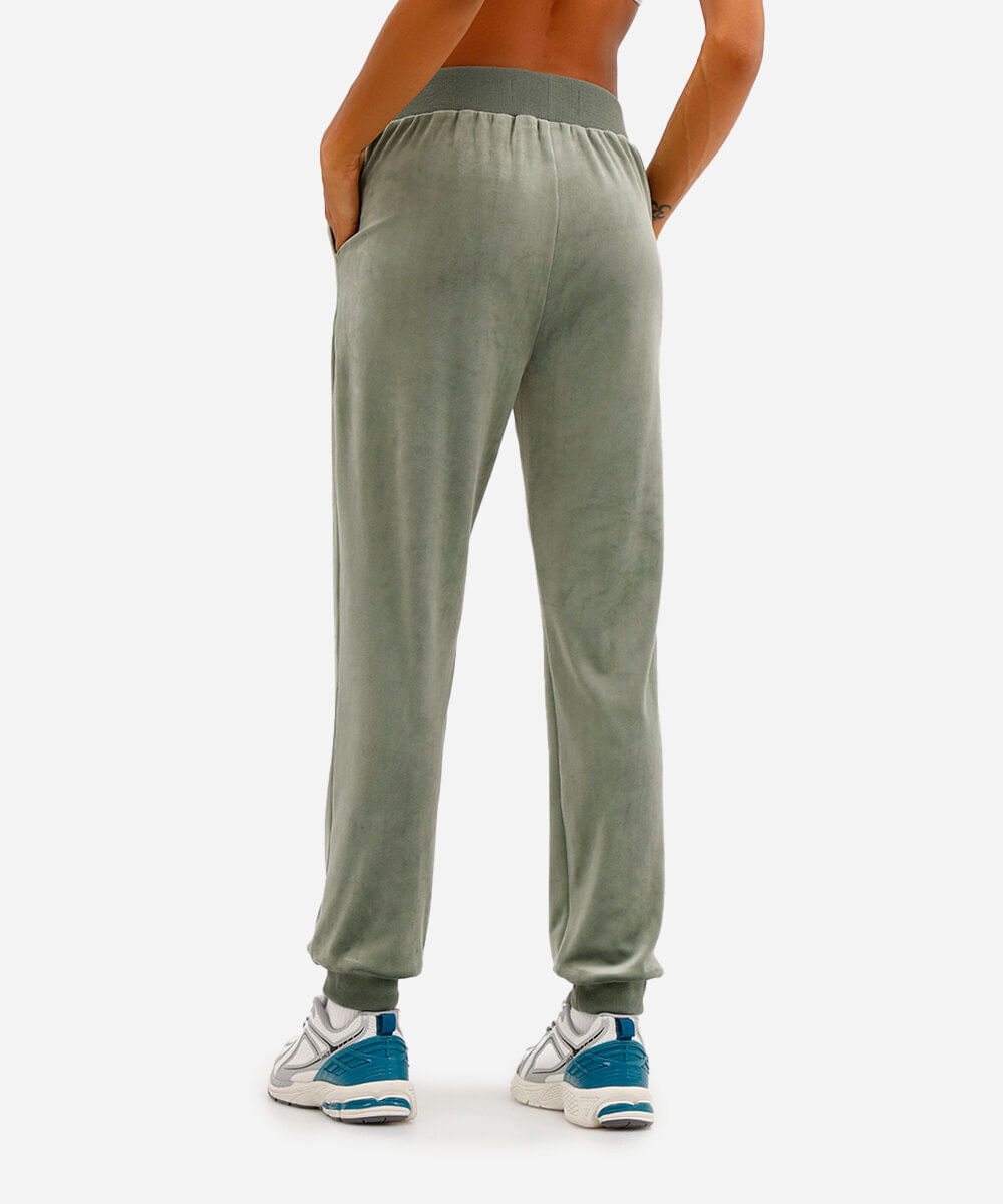 calça reta de plush cintura alta esportiva - verde