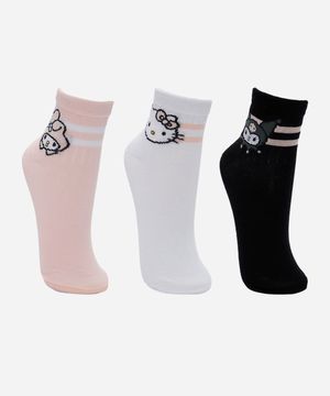 kit de 3 meias cano médio femininas hello kitty e amigos colorida