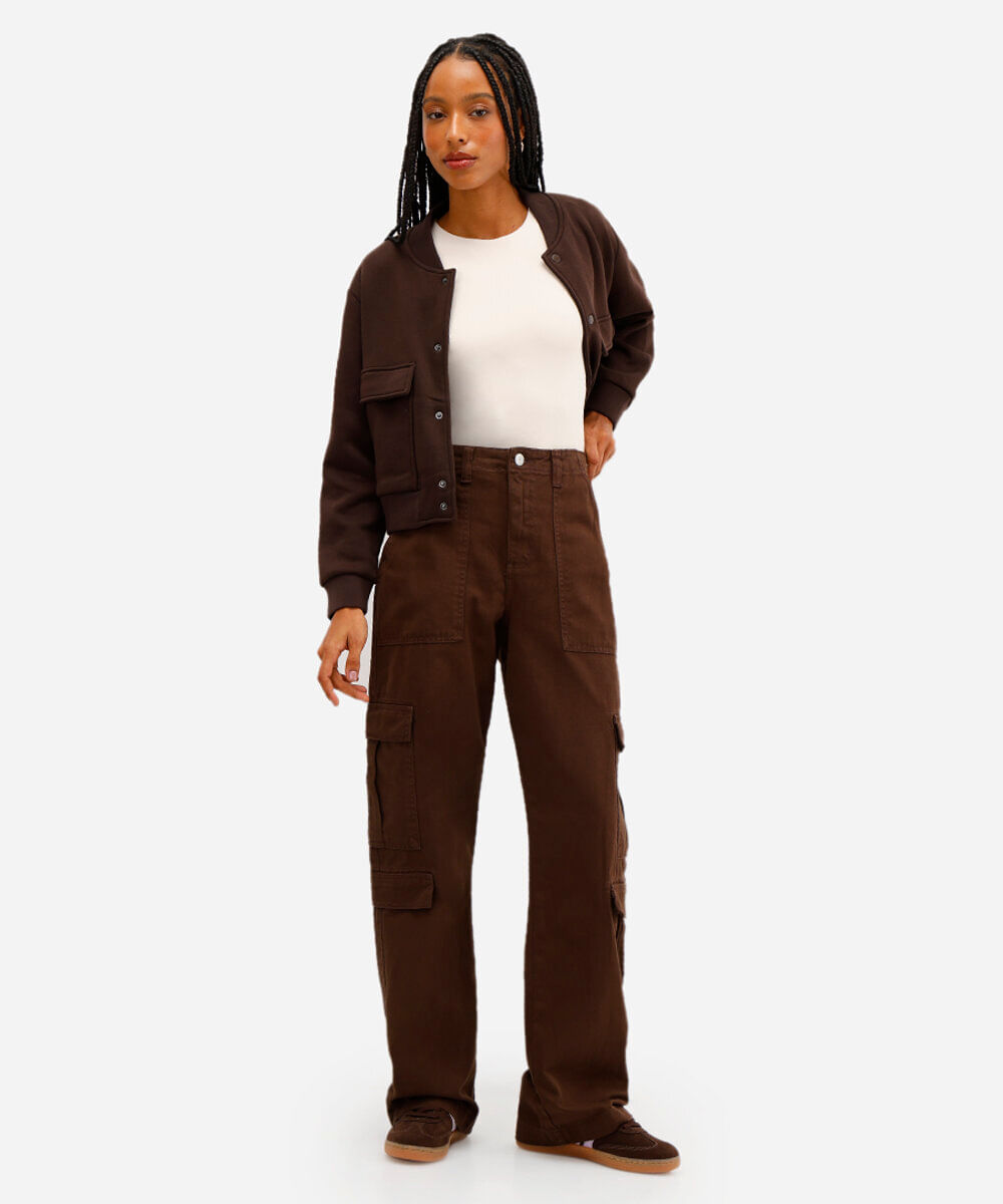 calça cargo feminina de sarja cintura média marrom