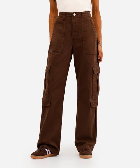calça cargo feminina de sarja cintura média marrom