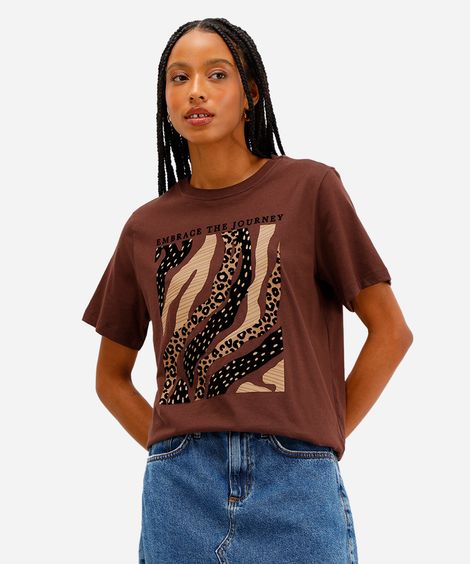 camiseta feminina de algodão animal print marrom