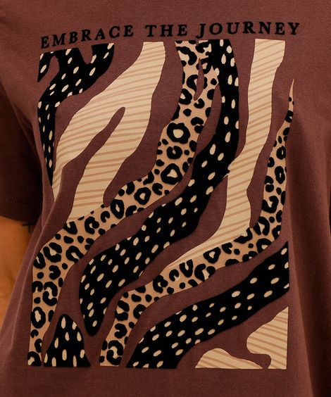camiseta feminina de algodão animal print marrom