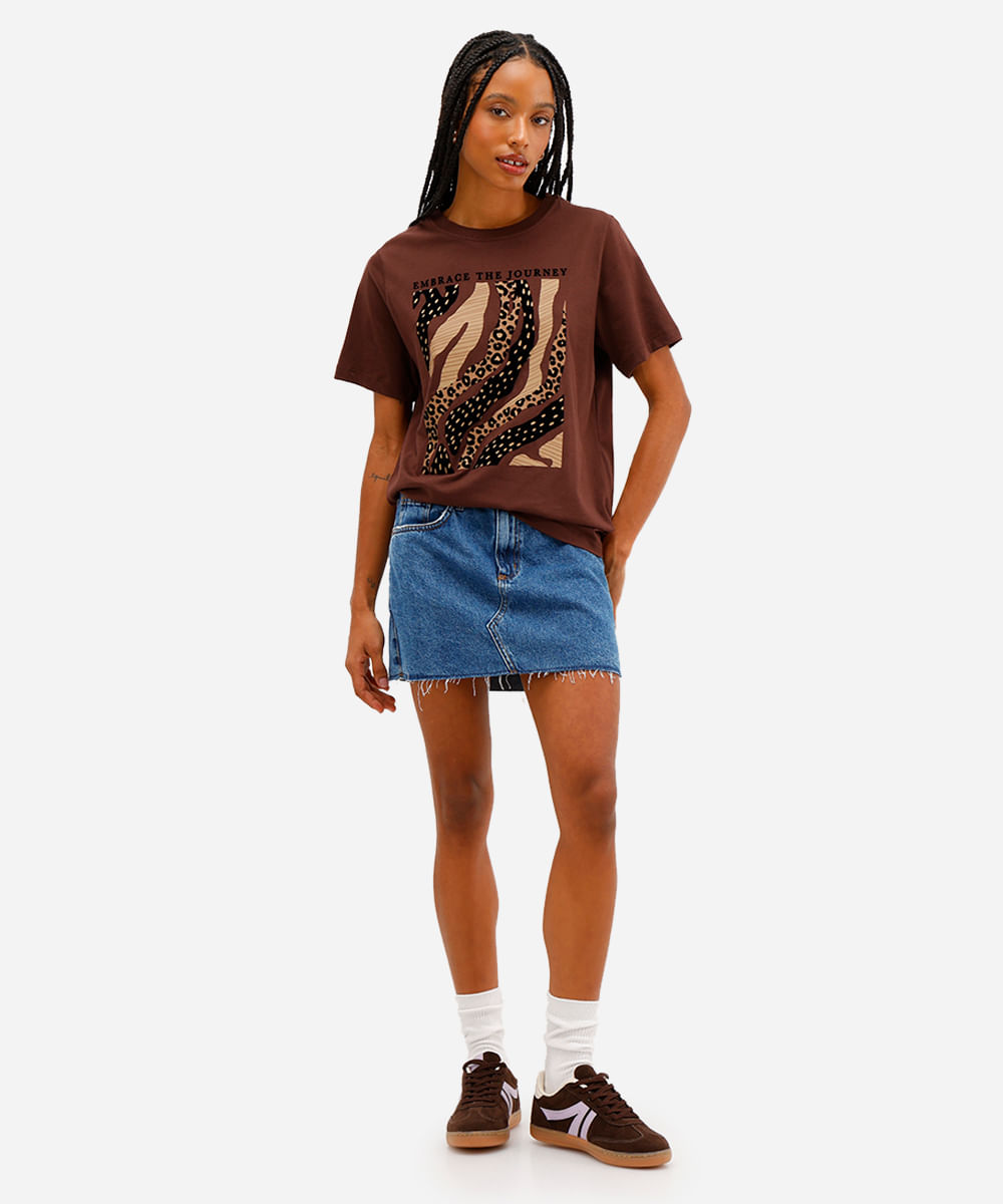 camiseta feminina de algodão animal print marrom