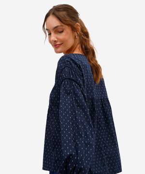 bata feminina de algodão estampa manga bufante azul