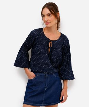 bata feminina de algodão estampa manga bufante azul