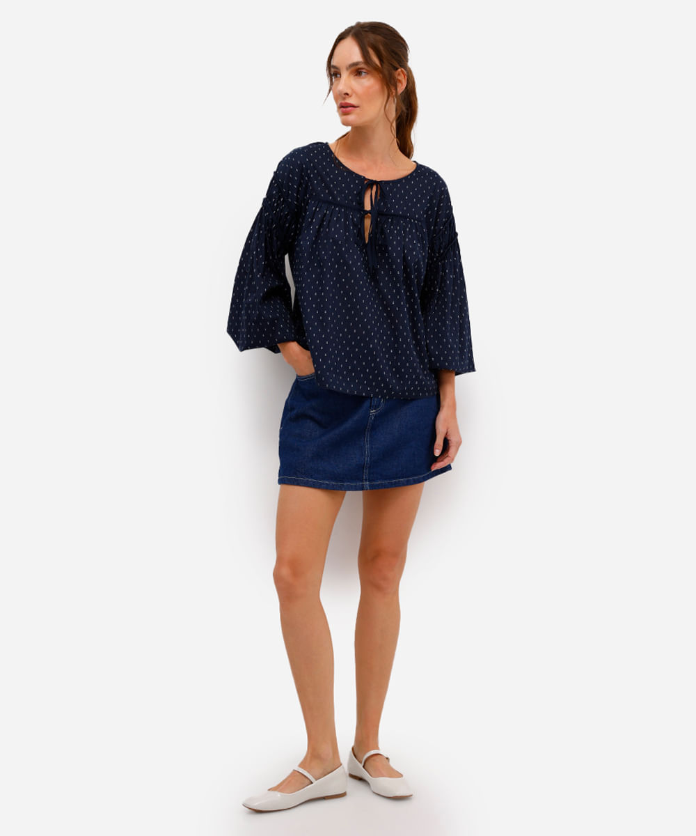 bata feminina de algodão estampa manga bufante azul