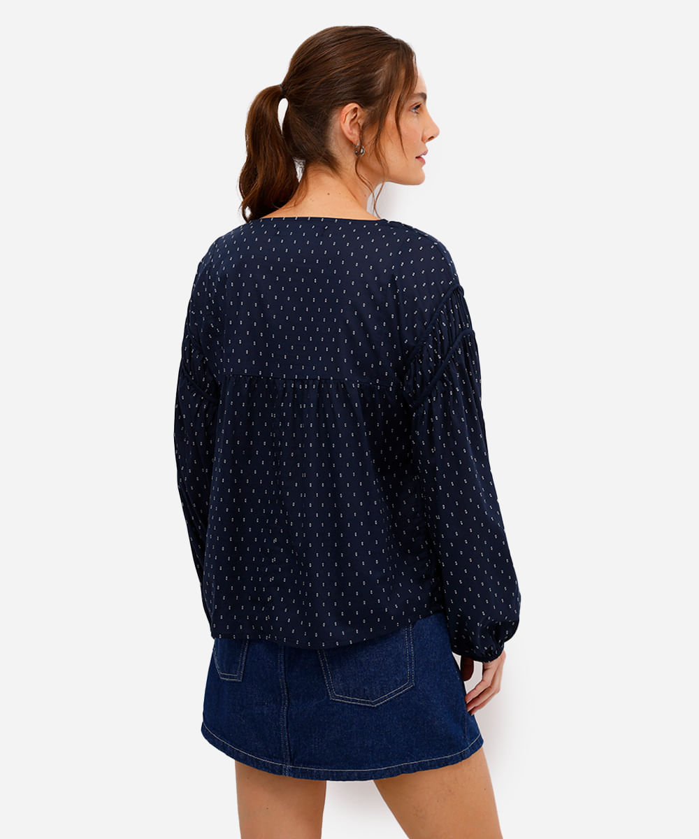bata feminina de algodão estampa manga bufante azul