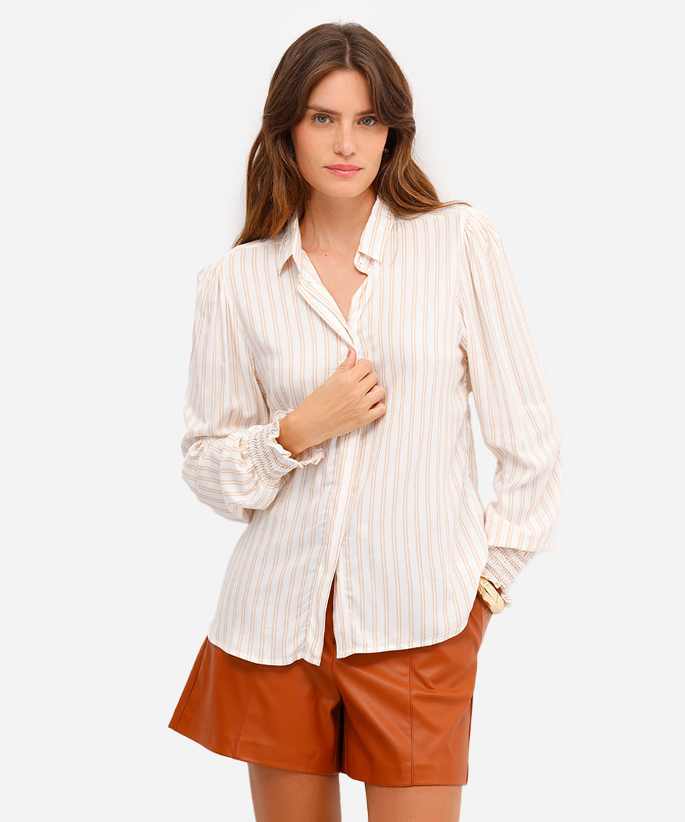 camisa feminina de viscose com franzido listrada bege