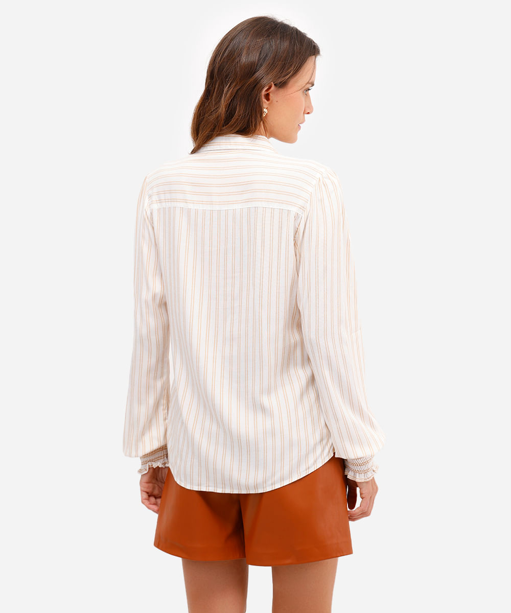 camisa feminina de viscose com franzido listrada bege
