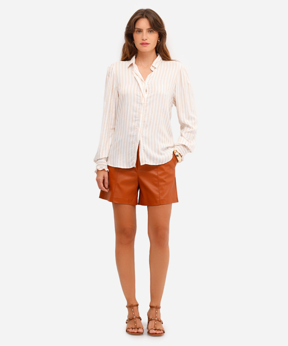 camisa feminina de viscose com franzido listrada bege