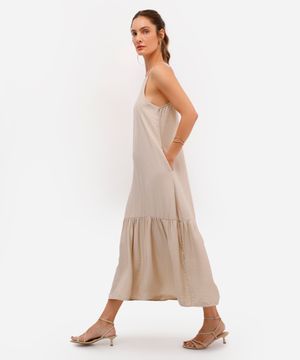 vestido midi feminino de viscose halterneck bege