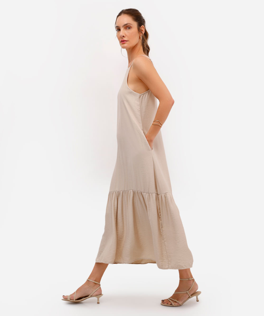 vestido midi feminino de viscose halterneck bege