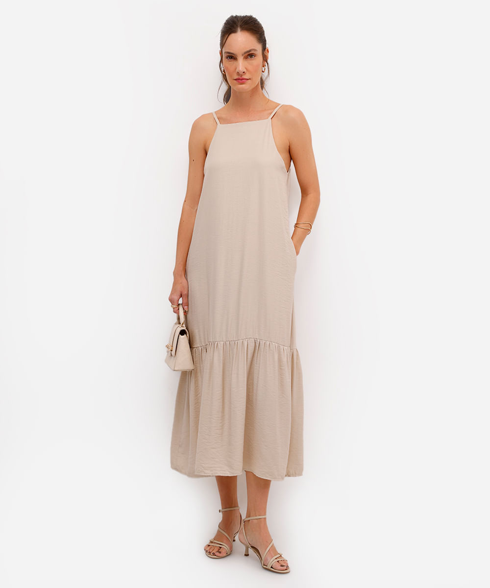 vestido midi feminino de viscose halterneck bege
