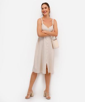 vestido midi evasê feminino com linho bege