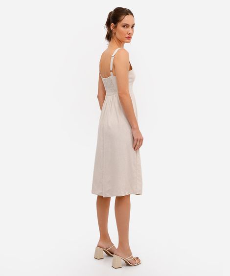 vestido midi evasê feminino com linho bege