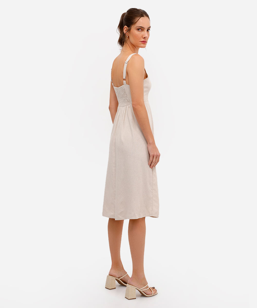 vestido midi evasê feminino com linho bege