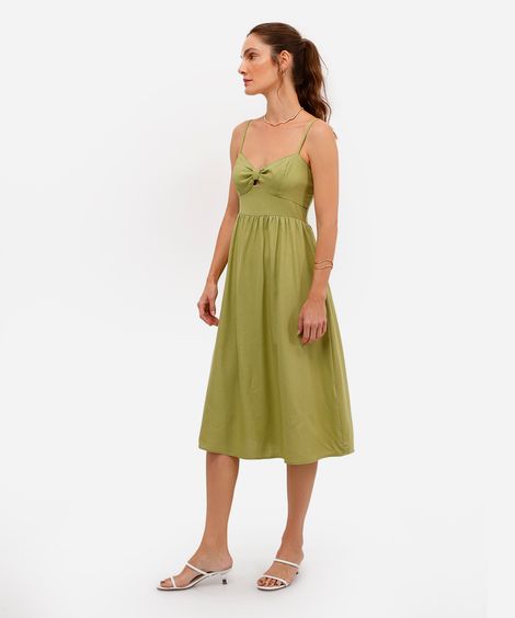 vestido midi feminino com linho e recorte verde