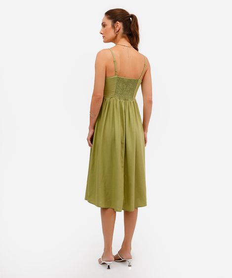 vestido midi feminino com linho e recorte verde