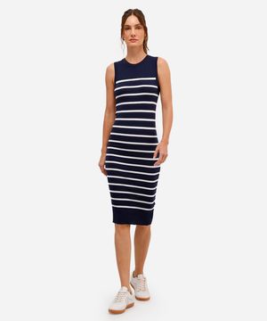 vestido midi básico feminino de tricot listrado azul