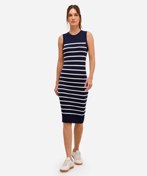vestido midi básico feminino de tricot listrado azul