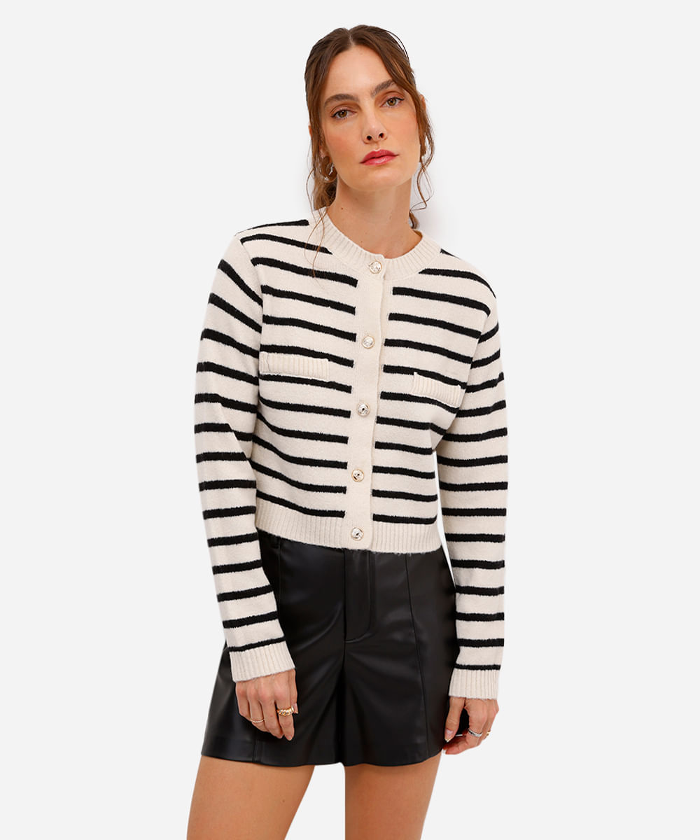 cardigan feminino de tricot listrado off white