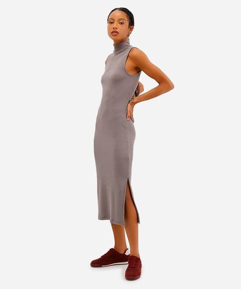 vestido midi feminino canelado com fenda cinza