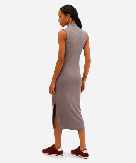 vestido midi feminino canelado com fenda cinza
