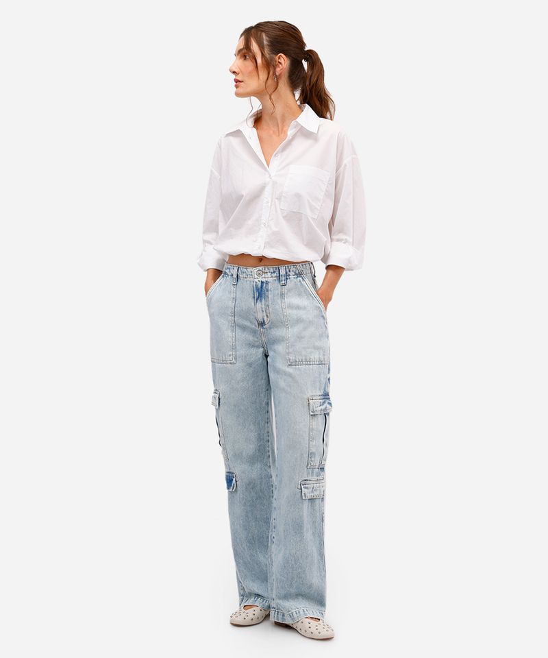 calça cargo feminina jeans cintura média azul
