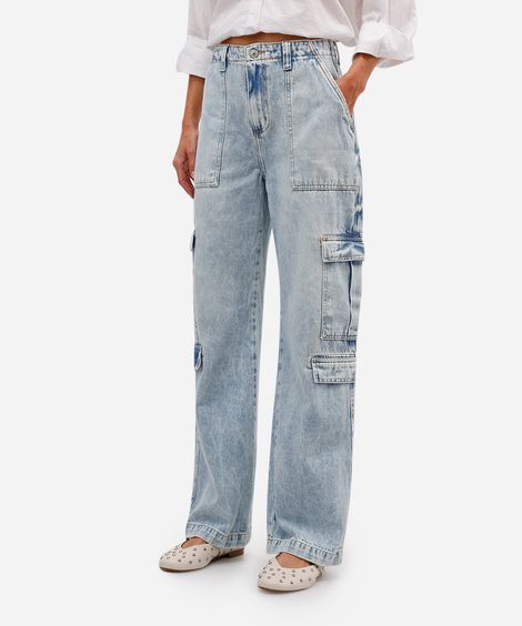 calça cargo feminina jeans cintura média azul