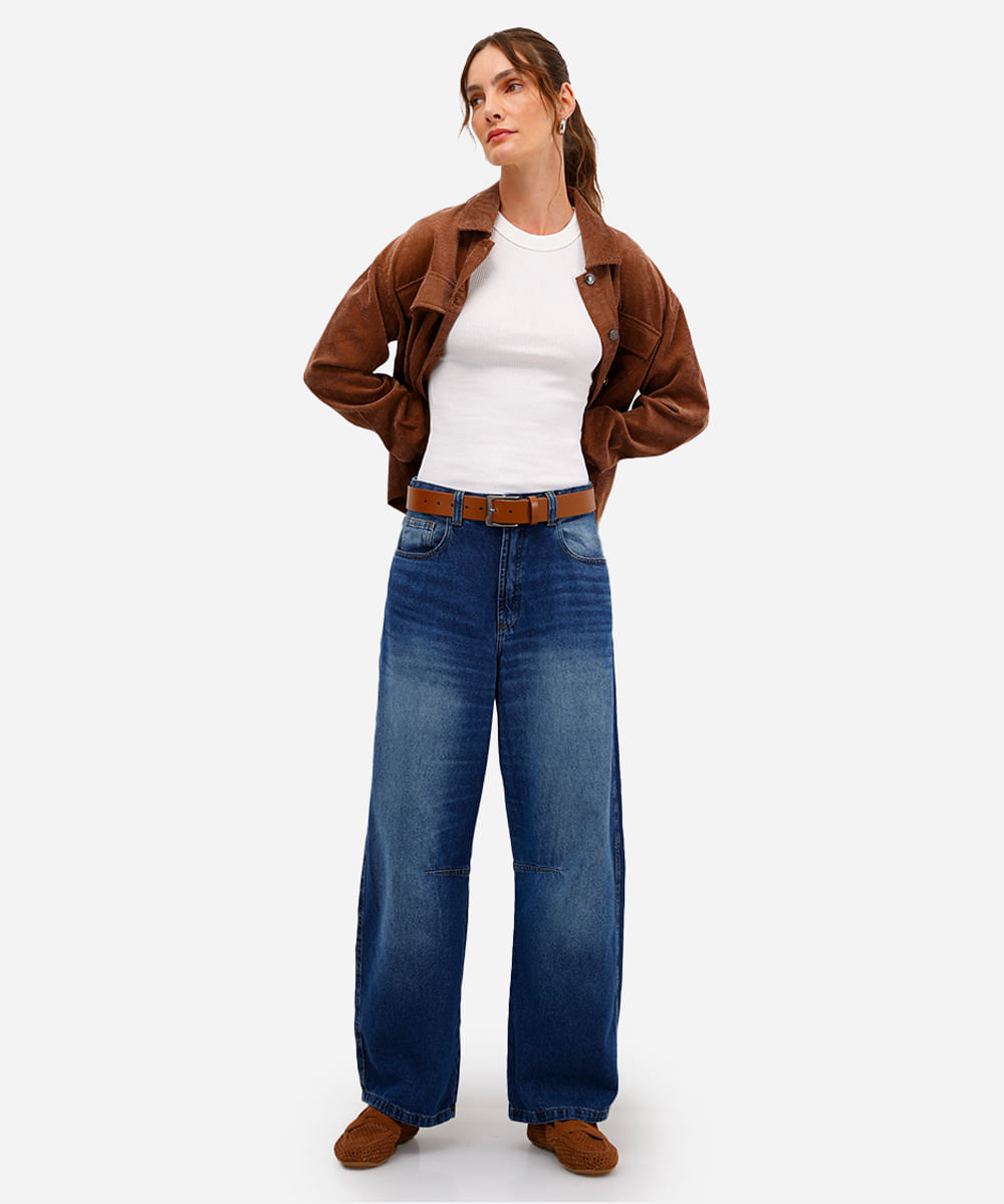 calça feminina jeans com pregas azul