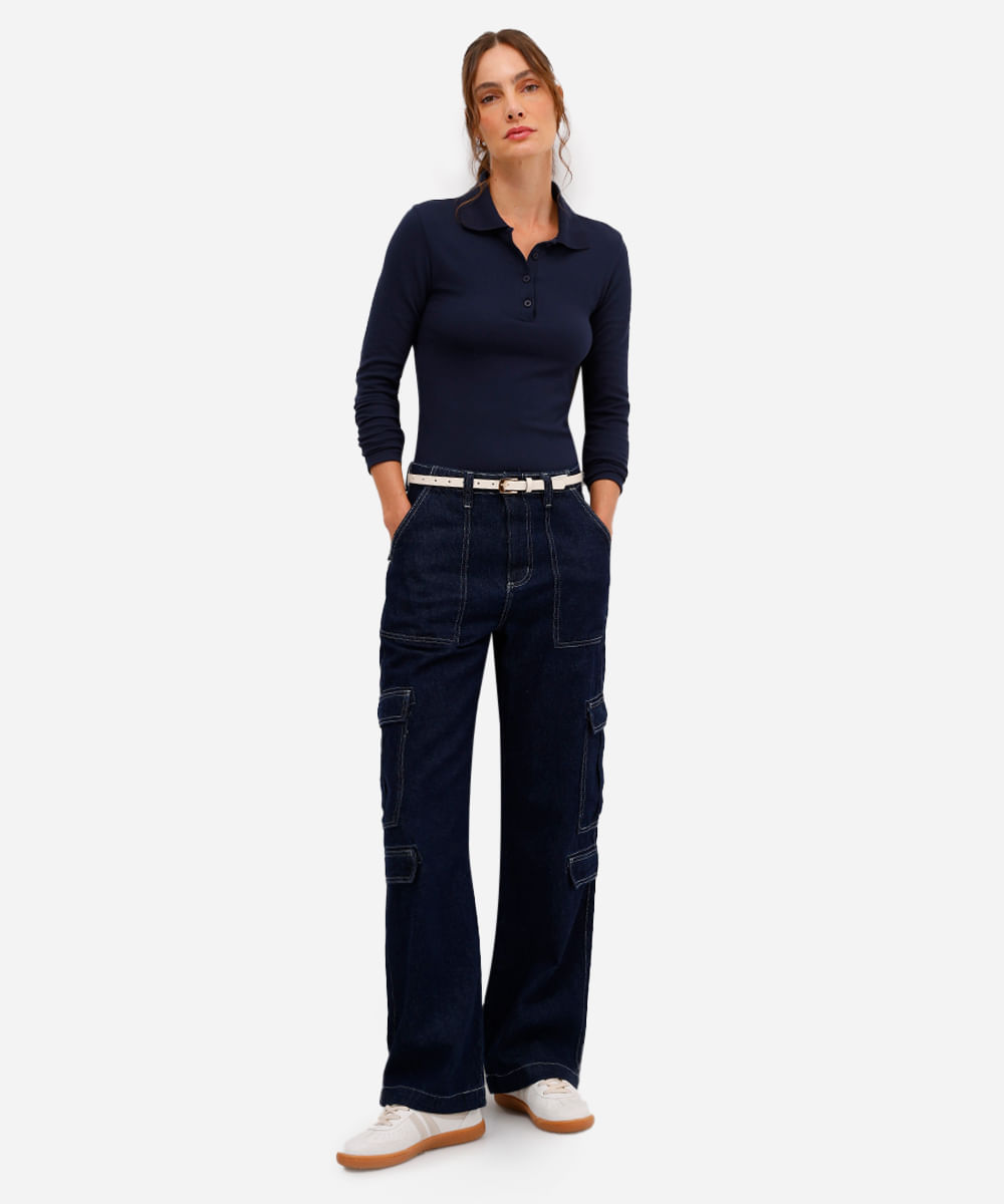 calça cargo feminina jeans cintura média azul
