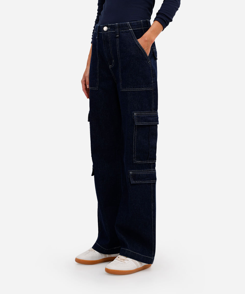 calça cargo feminina jeans cintura média azul