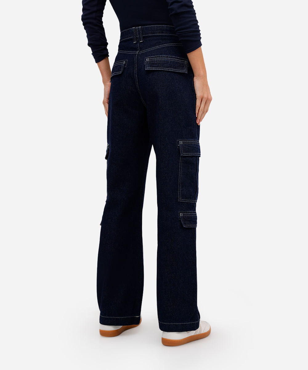 calça cargo feminina jeans cintura média azul