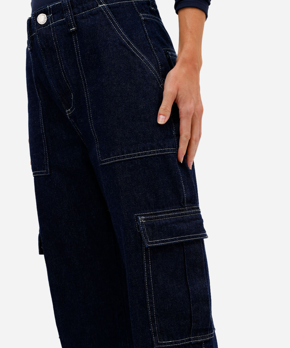 calça cargo feminina jeans cintura média azul