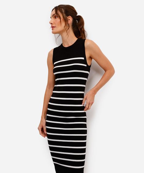 vestido midi básico feminino de tricot listrado preto
