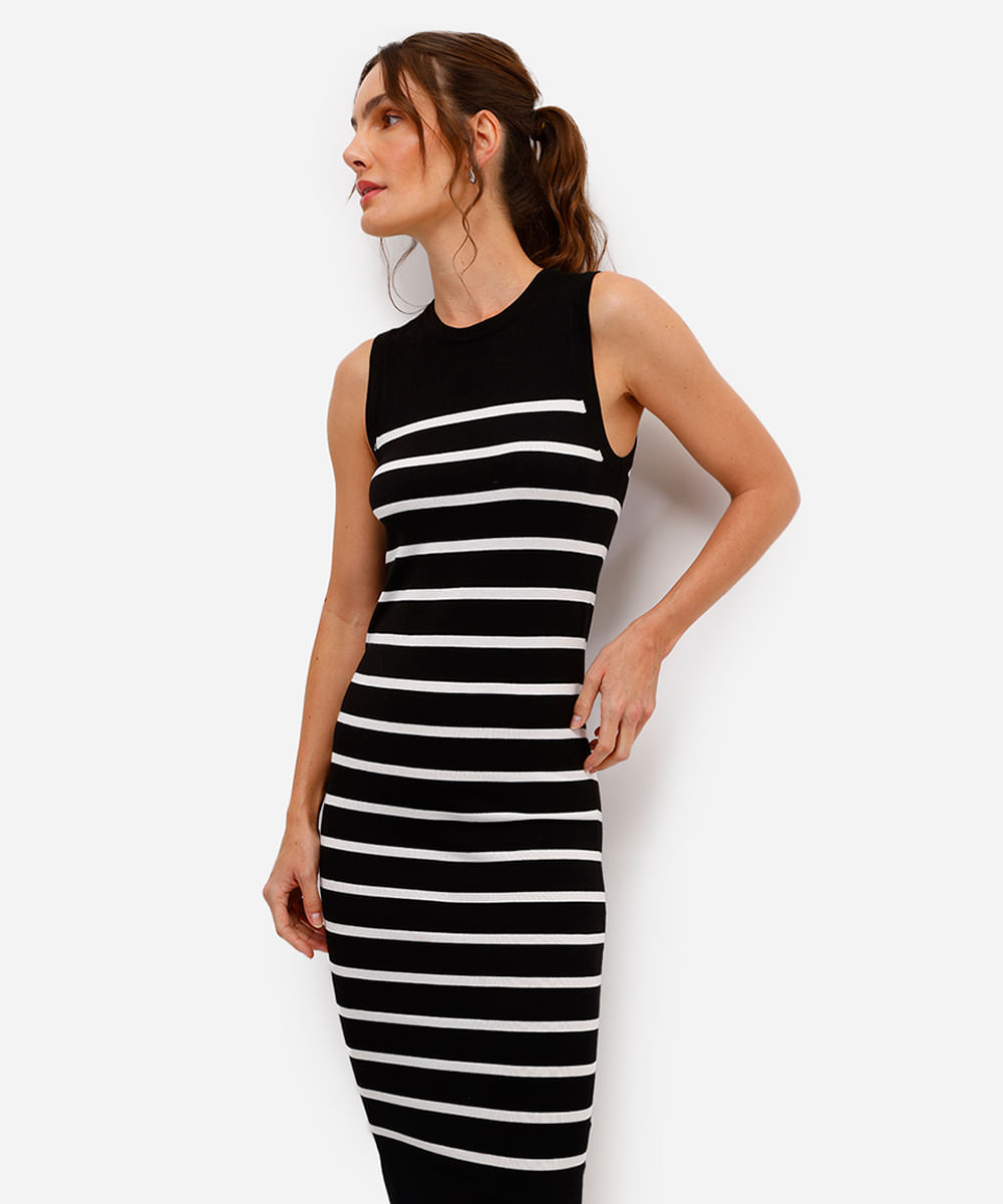 vestido midi básico feminino de tricot listrado preto